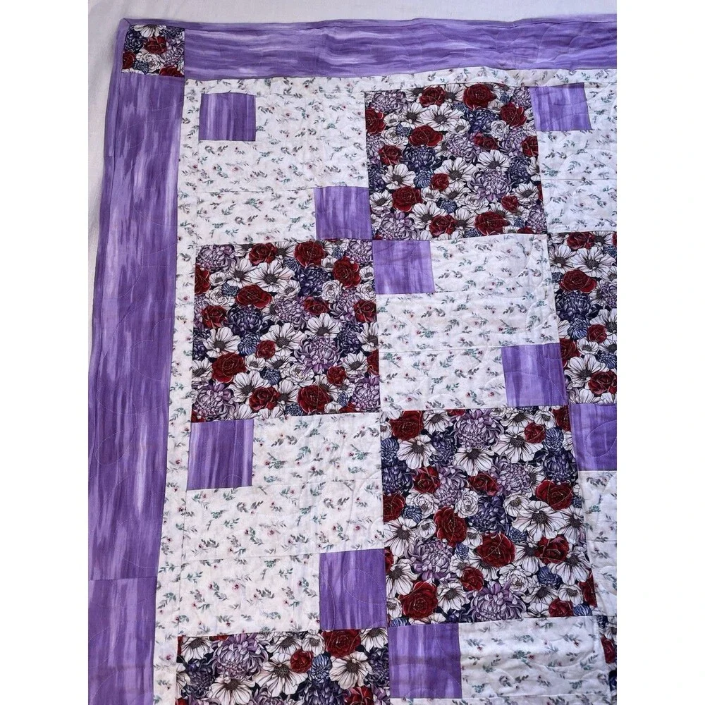 New Handmade Patchwork Baby Girl Lap Quilt Hearts Swirls Purple Red Floral 61x44
